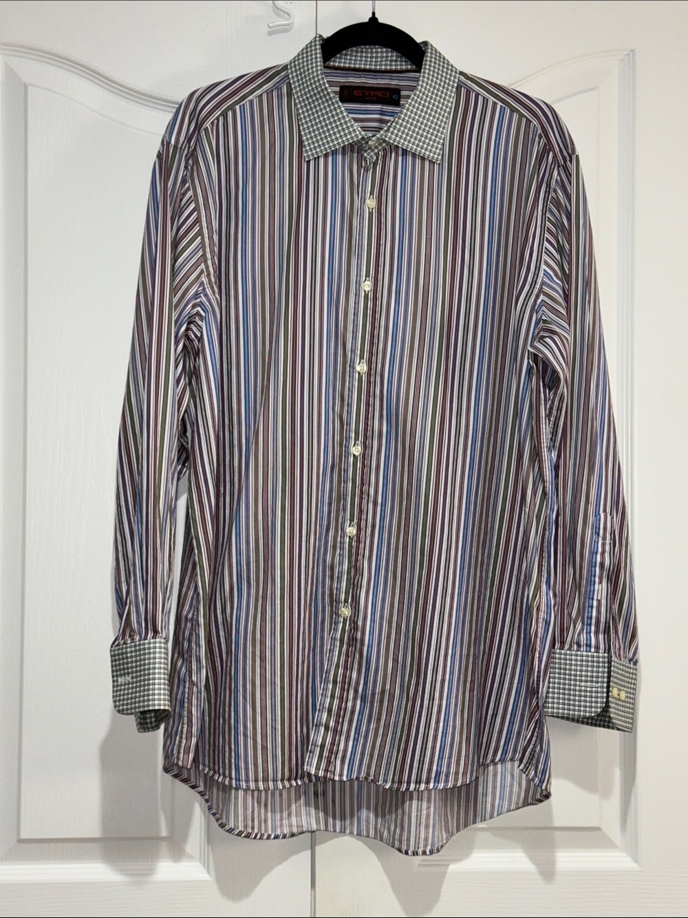 Etro Striped Long-Sleeve Dress Shirt in Blue and Brown 43 XL